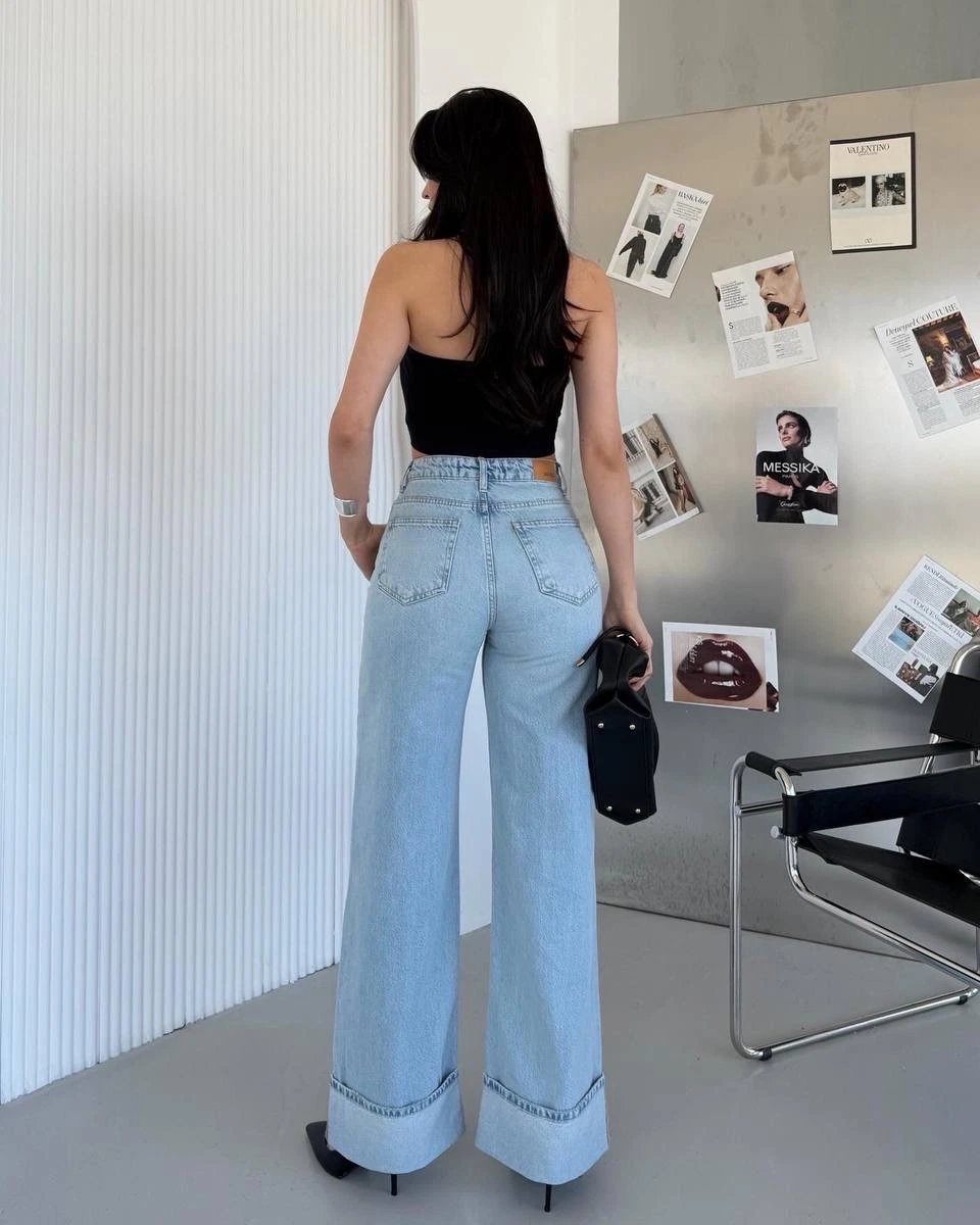 Зелено-блакитні джинси wide leg з підкотом - зображення 4