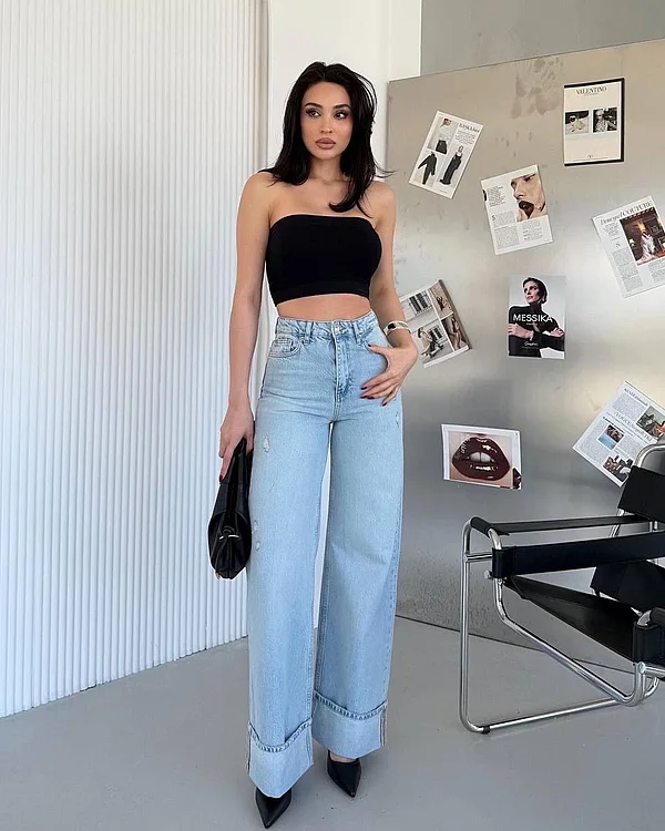 Зелено-блакитні джинси wide leg з підкотом